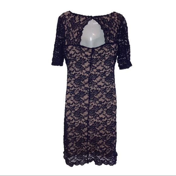 Candalite Scalloped Stretch Lace Cut out Back Navy Blue Tan Dress M - Picture 7 of 7